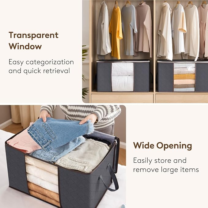 Boxora bags on a wardrobe shelf showing the clear front window, and a wide-open bag being filled with jeans